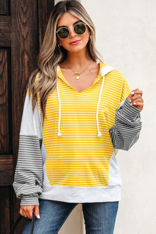 Color Block Striped Drawstring Hoodie