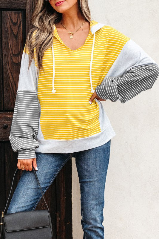 Color Block Striped Drawstring Hoodie