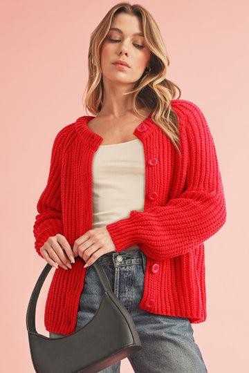 Red Knit Puff Sleeve Button Cardigan