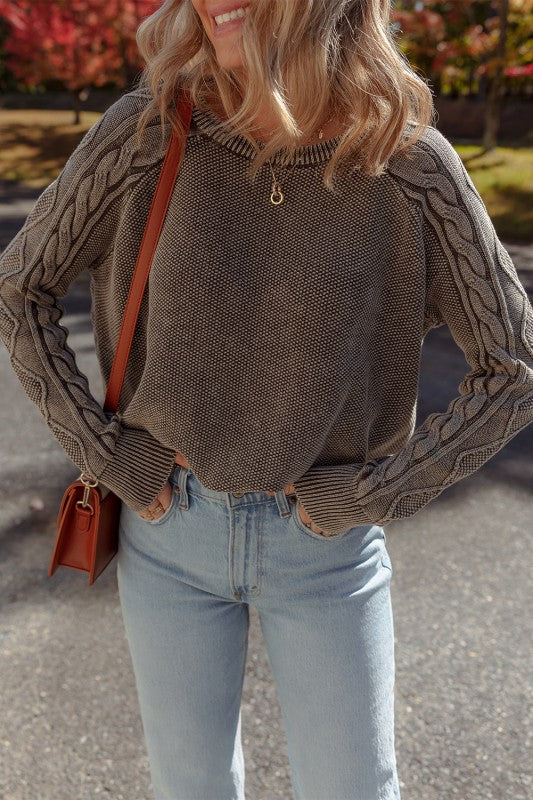 Mocha Contrast Cable Knit Sleeve Pullover - 2