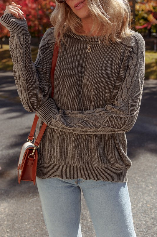 Mocha Contrast Cable Knit Sleeve Pullover - 2