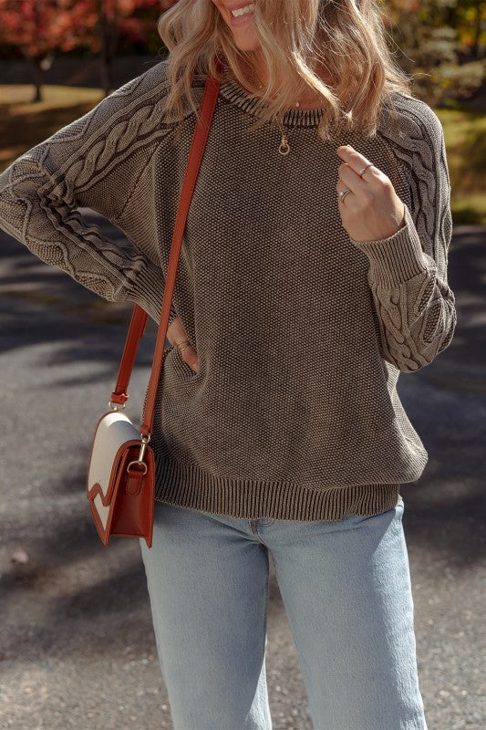 Mocha Contrast Cable Knit Sleeve Pullover - 2
