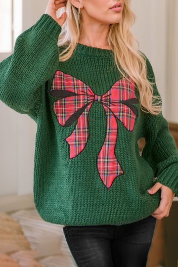Evergreen Plaid Bow Knit Sweater - 2