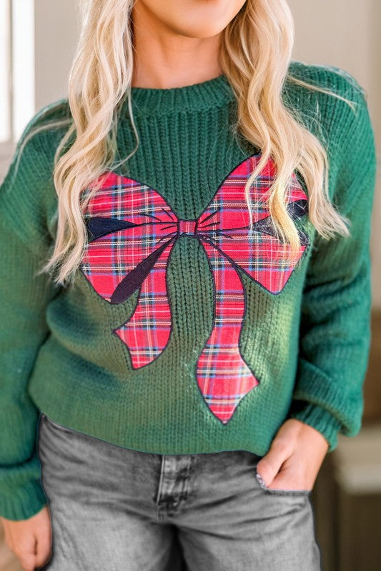 Evergreen Plaid Bow Knit Sweater - 2