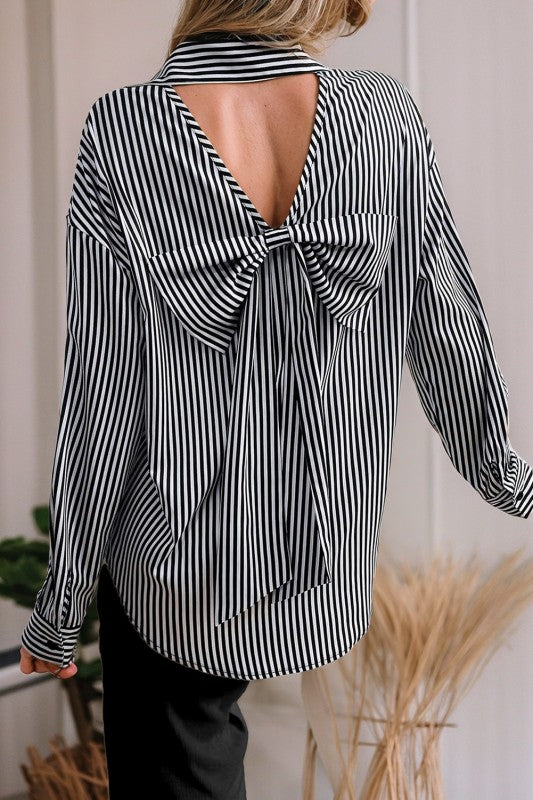 Bow Stripe Open Back Blouse
