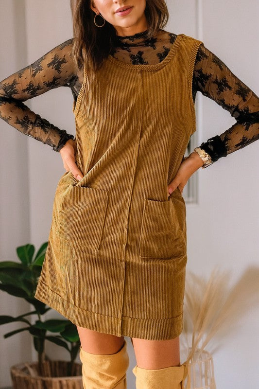 Sleeveless Corduroy Pocket Dress - 2