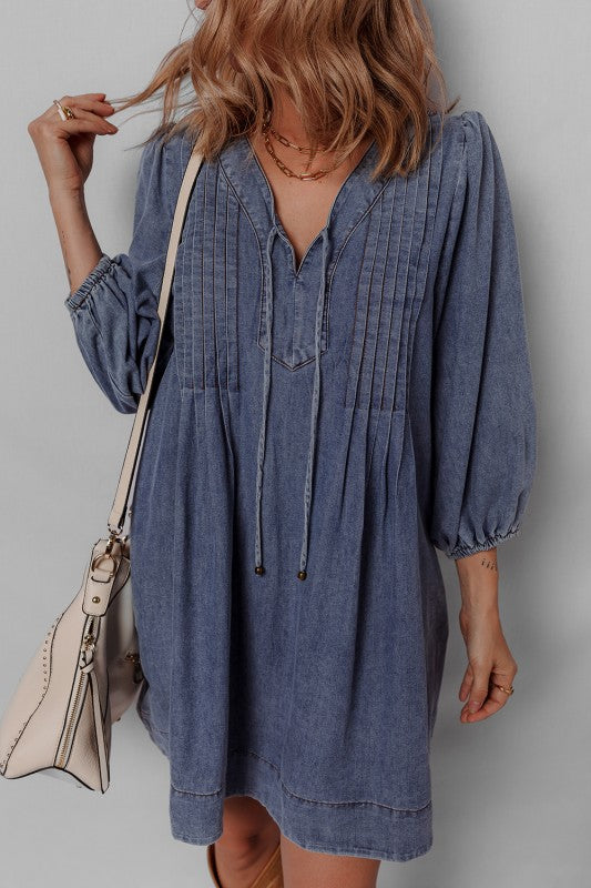 Pleated Denim Mini Dress - 2