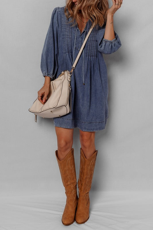 Pleated Denim Mini Dress - 2