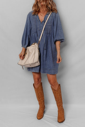 Pleated Denim Mini Dress - 2