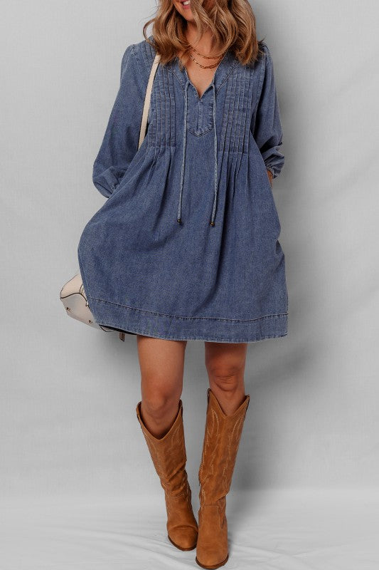 Pleated Denim Mini Dress - 2