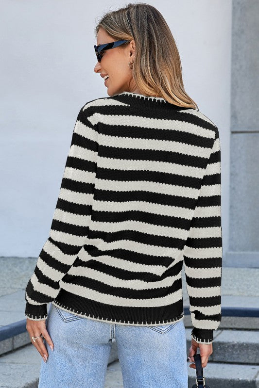 Gold Button Stripe Classic Cardigan