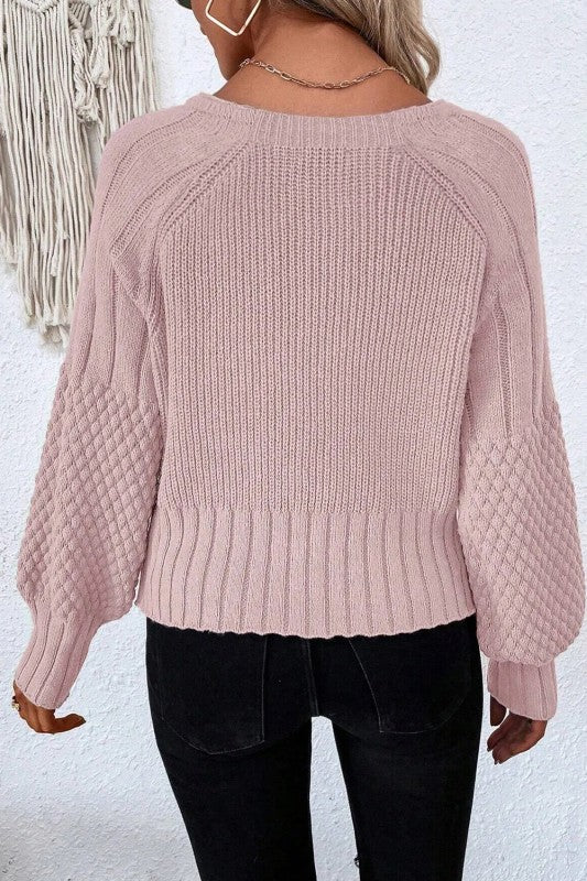 Mixed Knit V Neck Button Cardigan