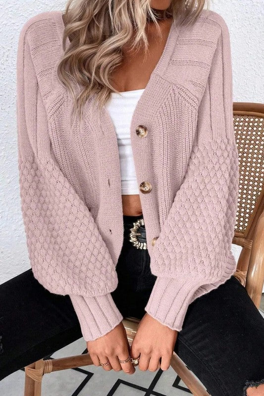 Mixed Knit V Neck Button Cardigan