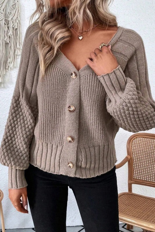 Mixed Knit V Neck Button Cardigan