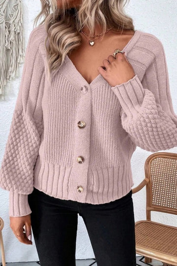 Mixed Knit V Neck Button Cardigan