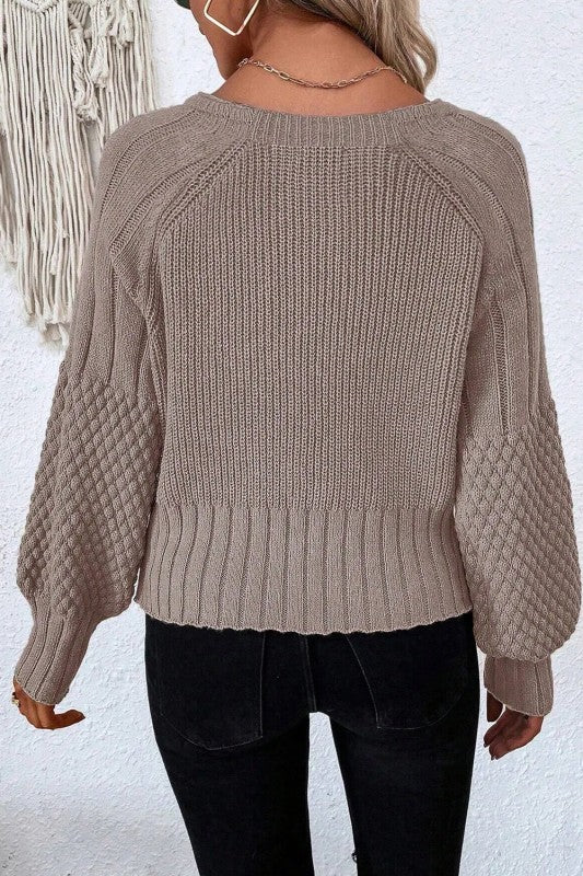 Mixed Knit V Neck Button Cardigan