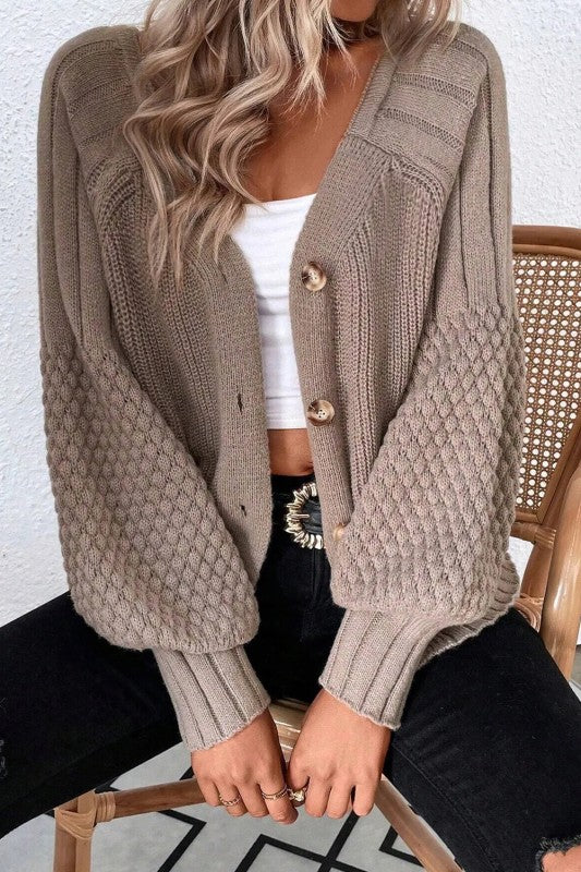 Mixed Knit V Neck Button Cardigan