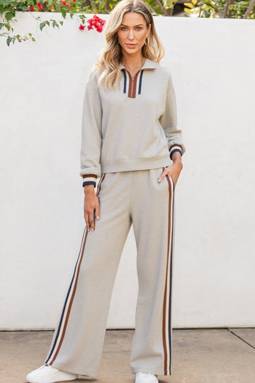 Striped Trim Quarter Zip Set