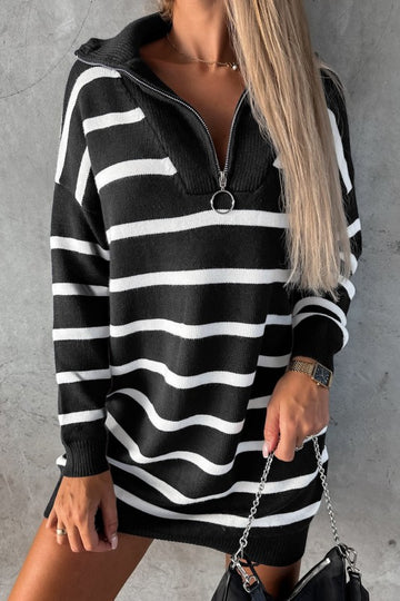 Quarter Zip Black and White Stripe Knit Dress