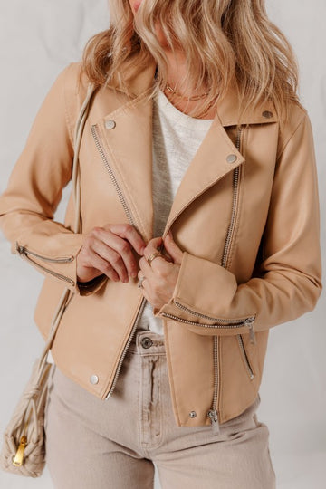 Beige Faux Leather Multi Zipper Jacket