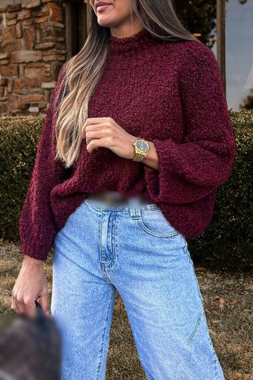 Nubby Knit High Neck Bubble Sleeve Sweater