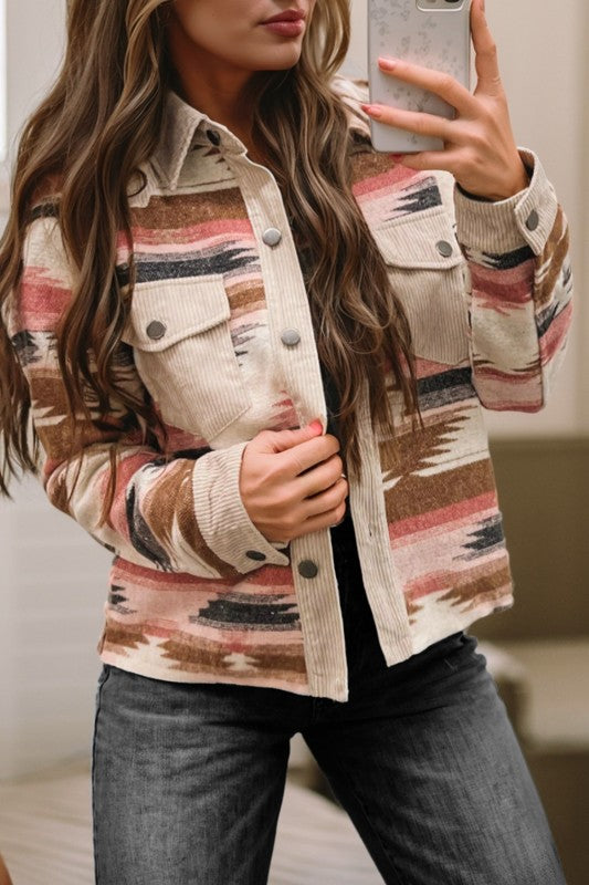 Western Print Raw Hem Shacket