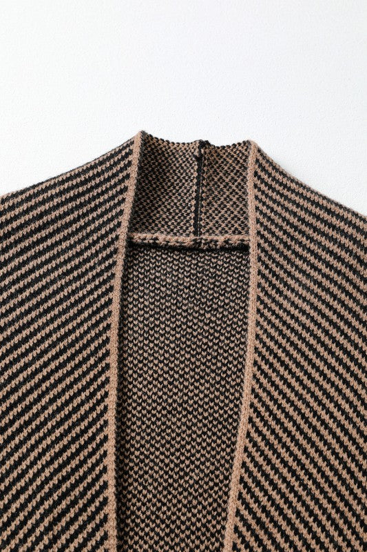 Camel Mixed Striped Knit Midi Cardigan