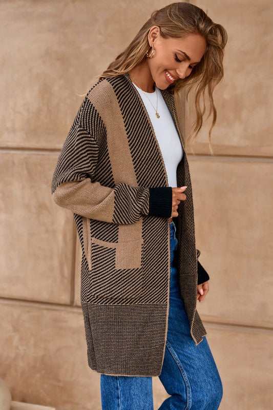 Camel Mixed Striped Knit Midi Cardigan
