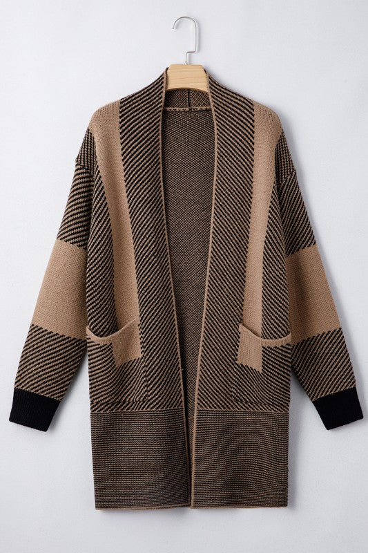Camel Mixed Striped Knit Midi Cardigan