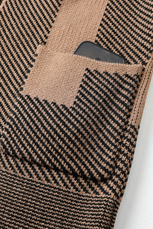 Camel Mixed Striped Knit Midi Cardigan