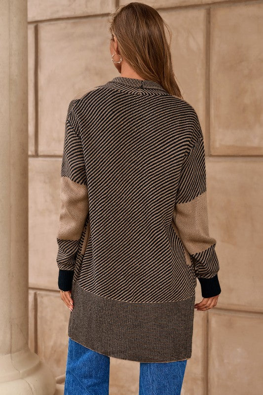Camel Mixed Striped Knit Midi Cardigan