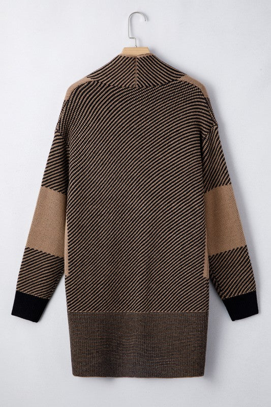 Camel Mixed Striped Knit Midi Cardigan