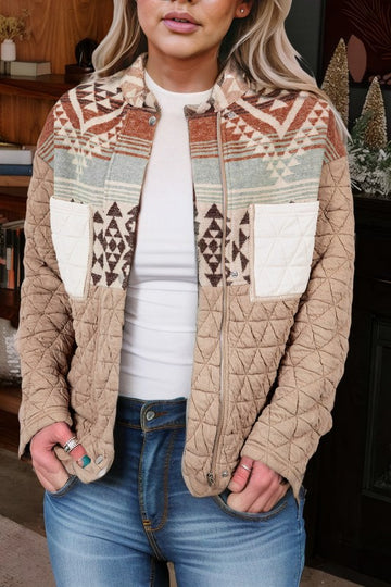 French Beige Geo Pattern Quilted Jacket