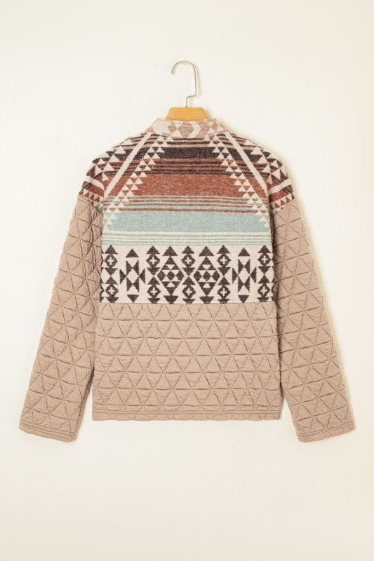 French Beige Geo Pattern Quilted Jacket