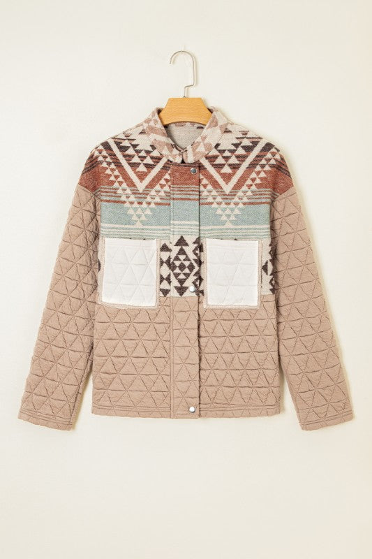 French Beige Geo Pattern Quilted Jacket