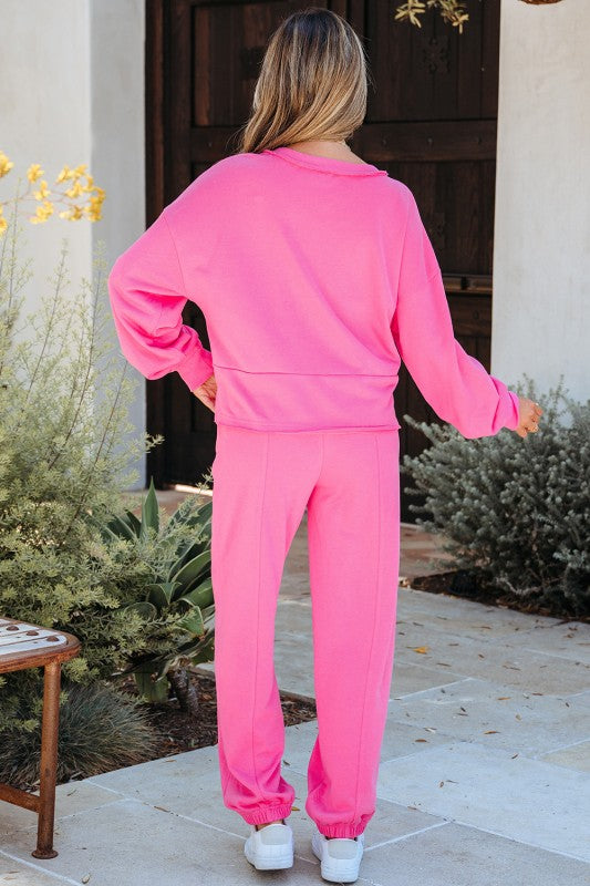 Pink Raw Edge Henley Set