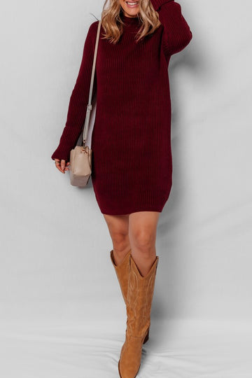 Burgundy Ribbed Knit Sweater Dress