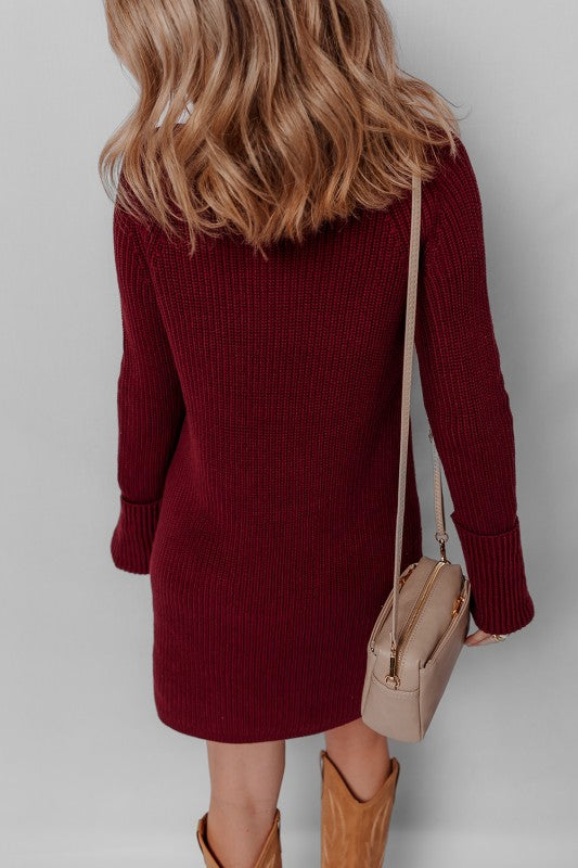 Burgundy Ribbed Knit Sweater Dress