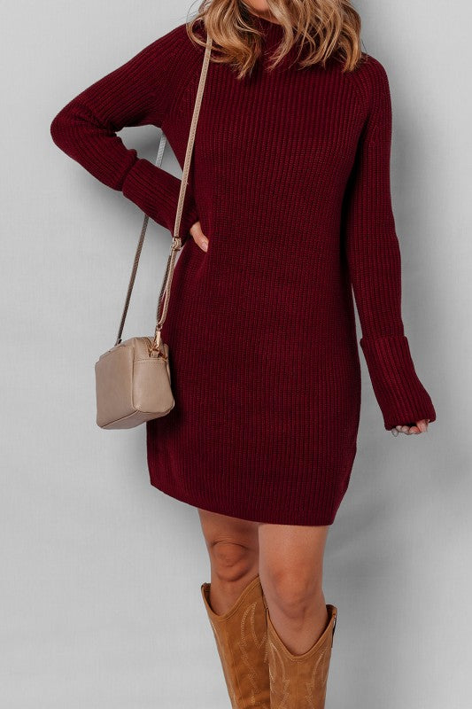 Burgundy Ribbed Knit Sweater Dress