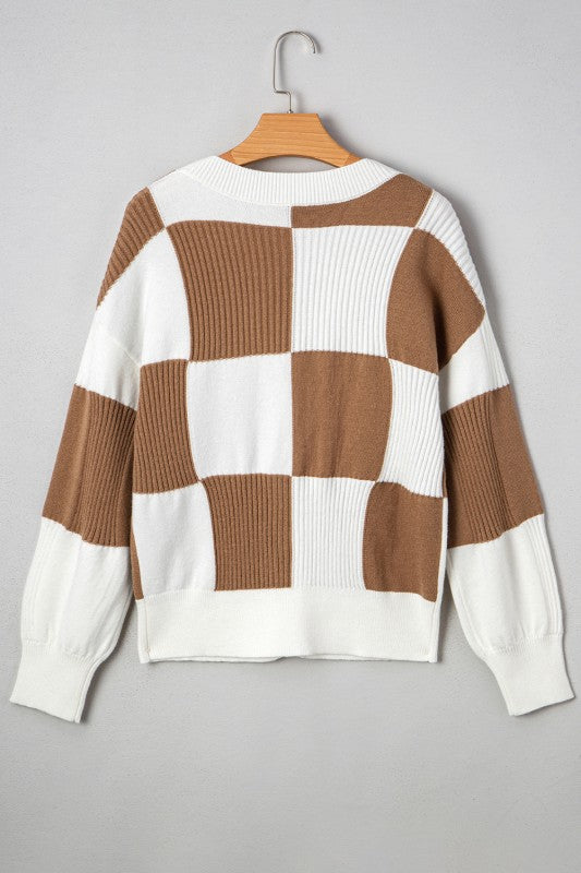 Khaki & Cream Checkered Cardigan