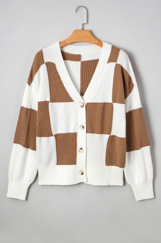 Khaki & Cream Checkered Cardigan