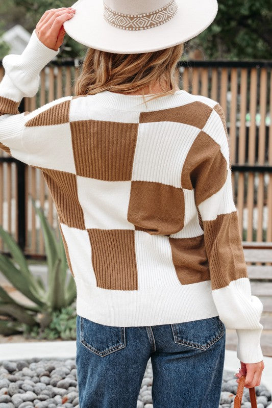 Khaki & Cream Checkered Cardigan