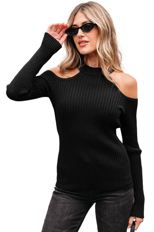 Black Ribbed Knit Open Shoulder High Neck Top