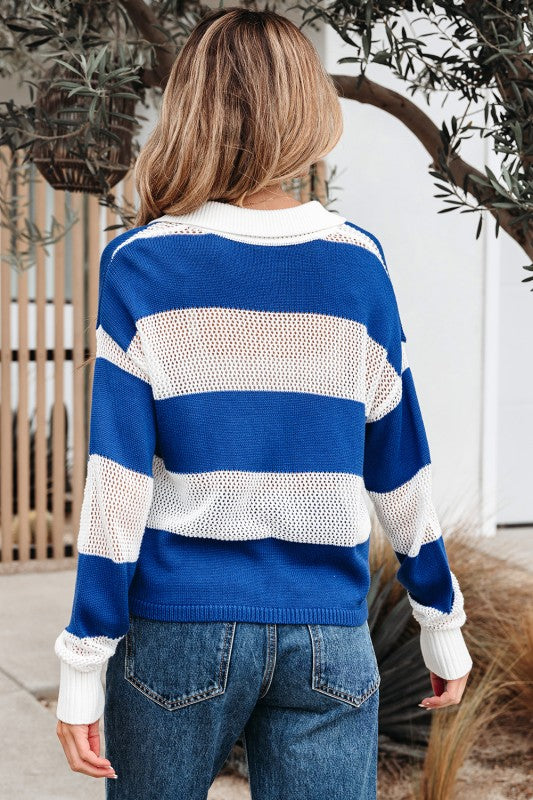 Polo Collar Crochet Knit Pullover