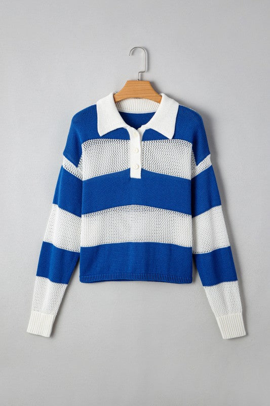 Polo Collar Crochet Knit Pullover