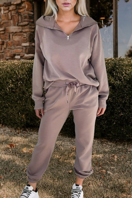 Zip Collar Drawstring Pants Set