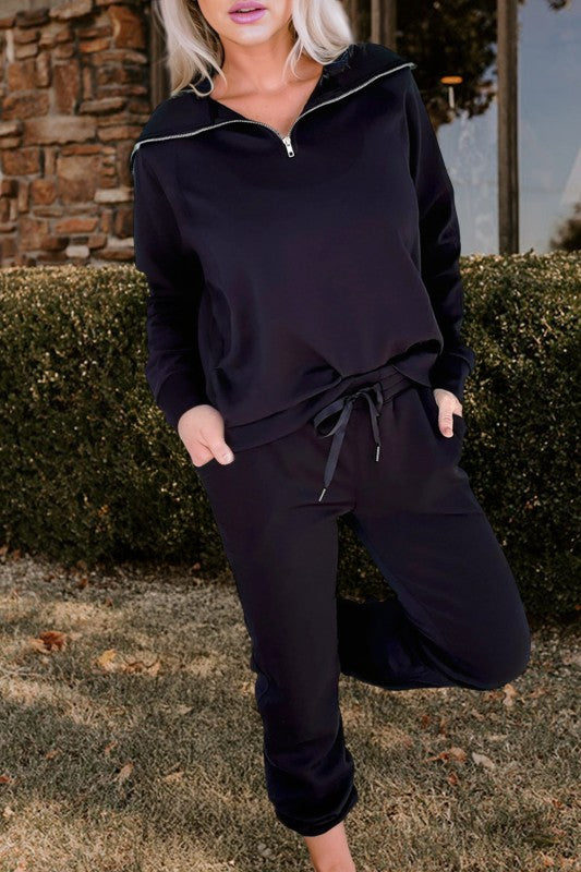 Zip Collar Drawstring Pants Set