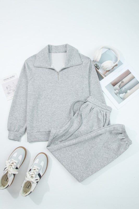 Zip Collar Drawstring Pants Set