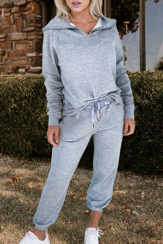 Zip Collar Drawstring Pants Set
