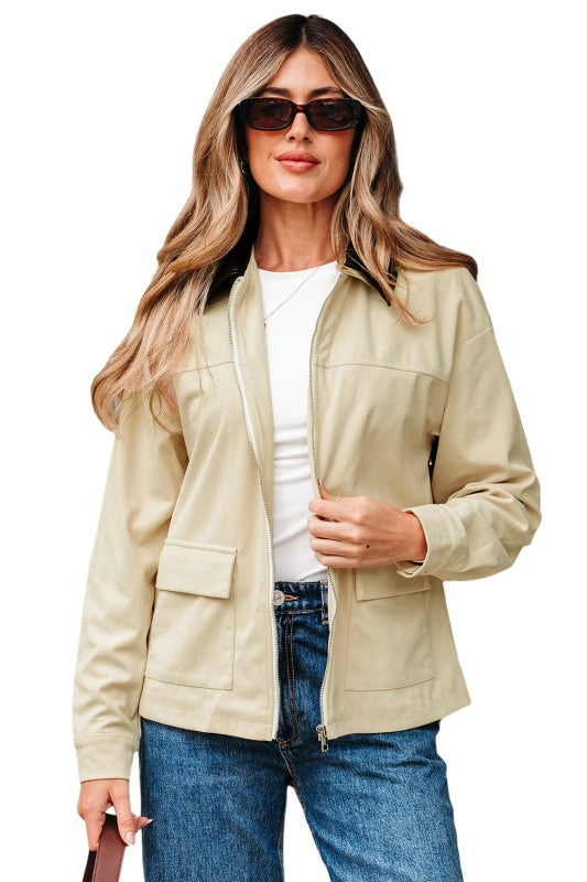 Contrast Faux  Black Collar & Cream Jacket